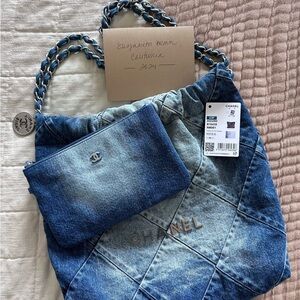 CHANEL small 22 Denim Quilted Tote with Removable Pouch - Blue